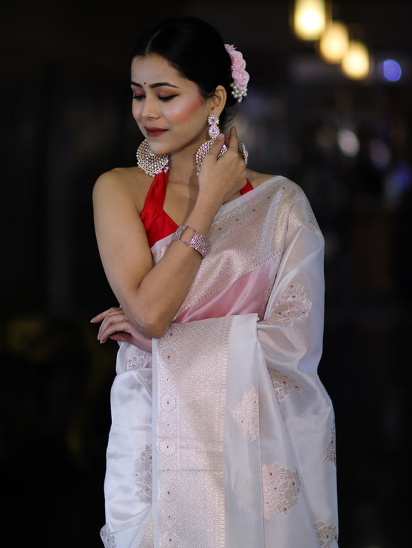 Banarasee Handloom Dupion Silk Saree With Zari Buta Work & Border-White