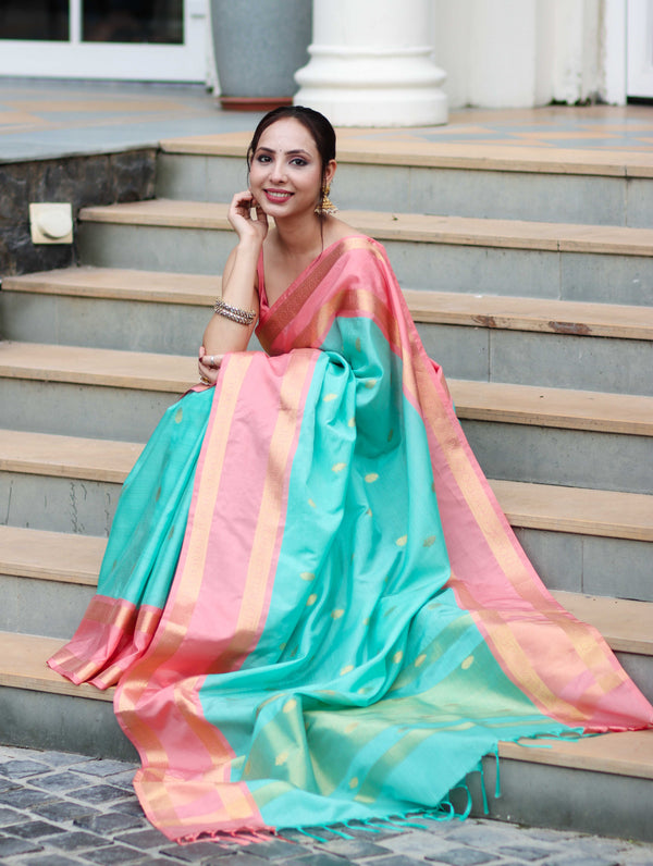 Banarasee Handloom Semi Silk Saree With Buti Design & Contrast Border-Sea Green & Peach