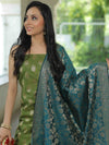 Banarasee Chanderi Cotton Salwar Kameez Fabric With Antique Zari & Contrast Dupatta-Olive Green & Green