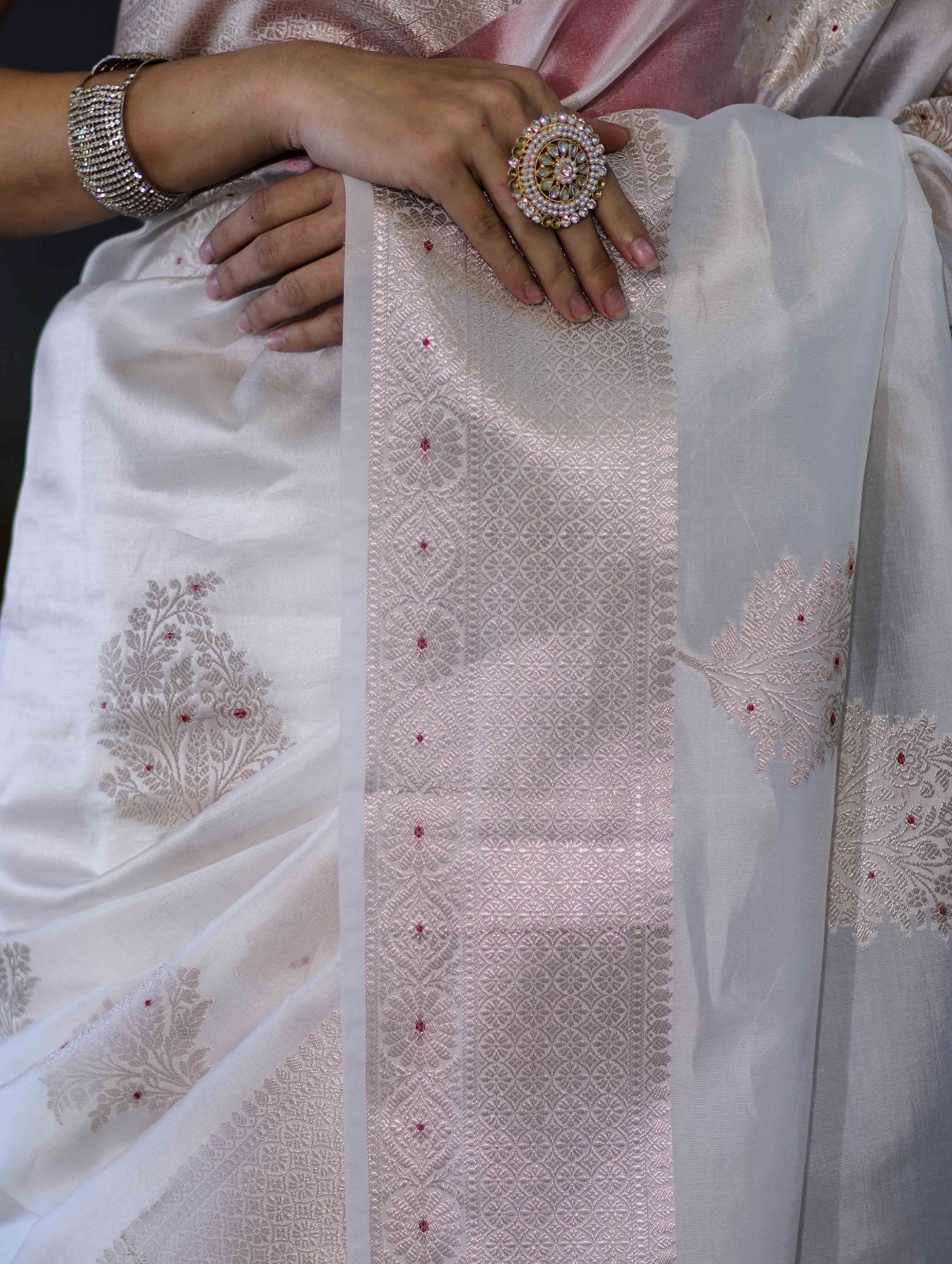 Banarasee Handloom Dupion Silk Saree With Zari Buta Work & Border-White