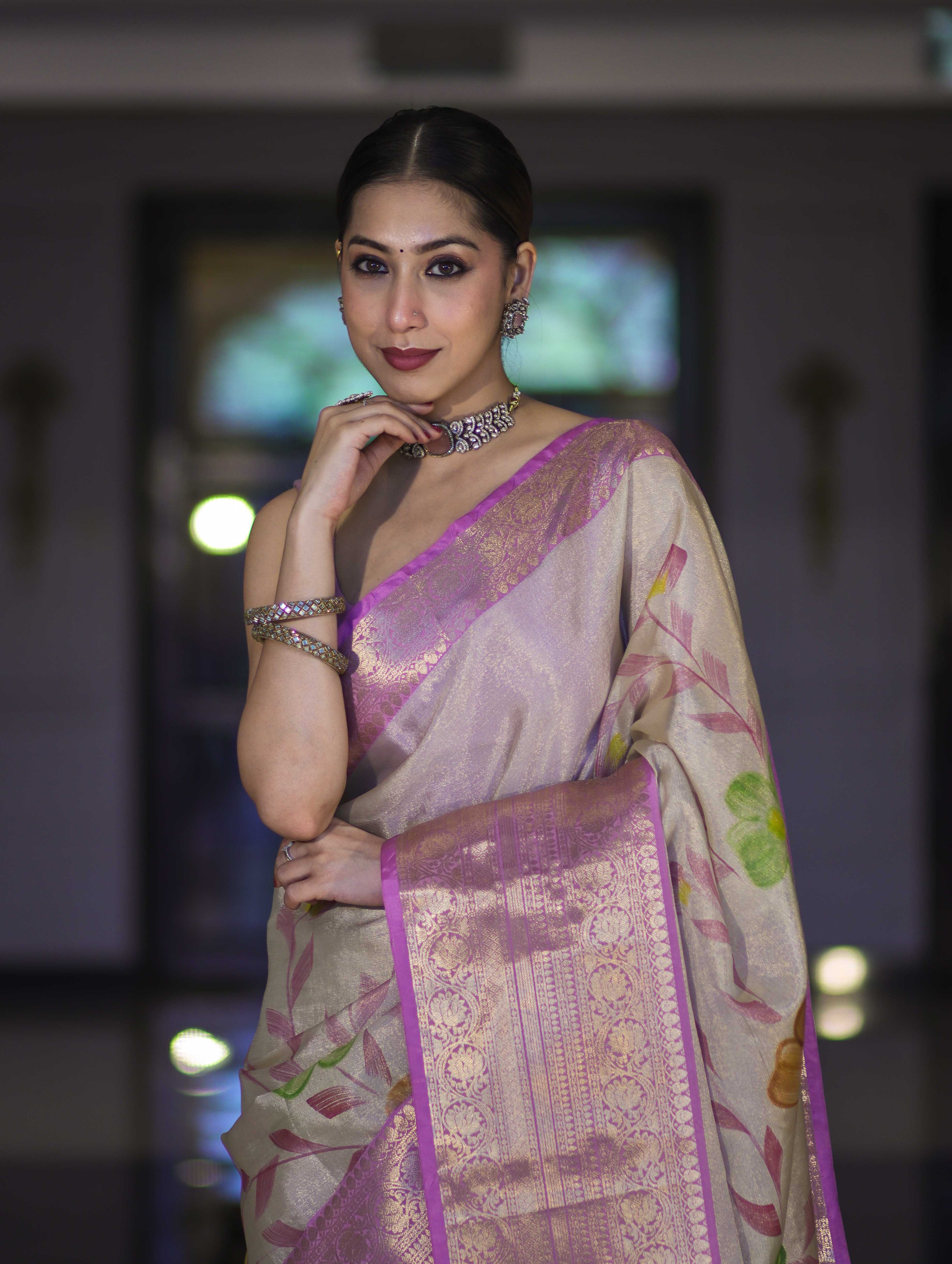Banarasee Handloom Tissue Saree With Digital Floral Prints & Broad Border-Cream & Lavender