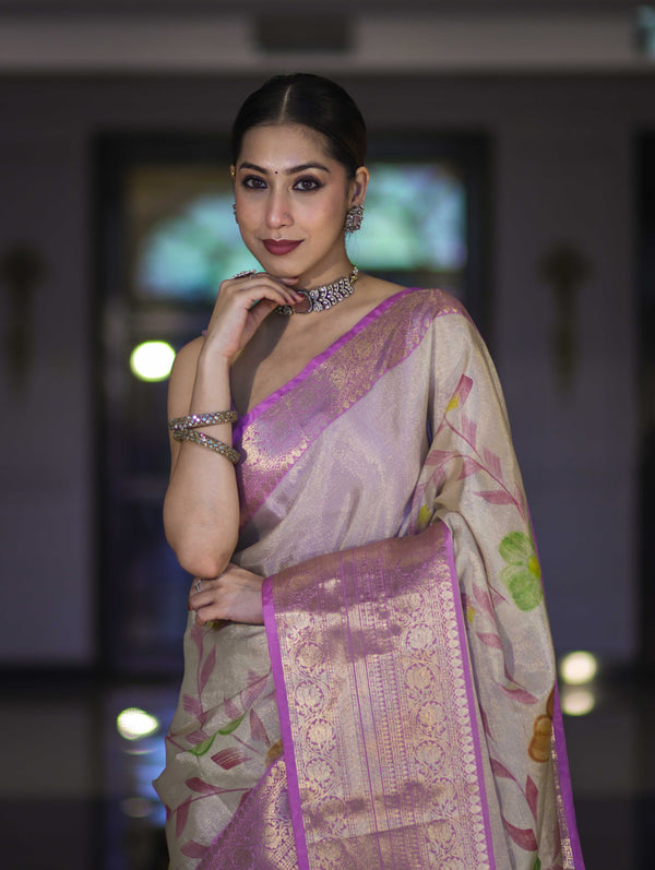 Banarasee Handloom Tissue Saree With Digital Floral Prints & Broad Border-Cream & Lavender