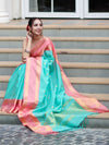 Banarasee Handloom Semi Silk Saree With Buti Design & Contrast Border-Sea Green & Peach