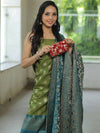 Banarasee Chanderi Cotton Salwar Kameez Fabric With Antique Zari & Contrast Dupatta-Olive Green & Green