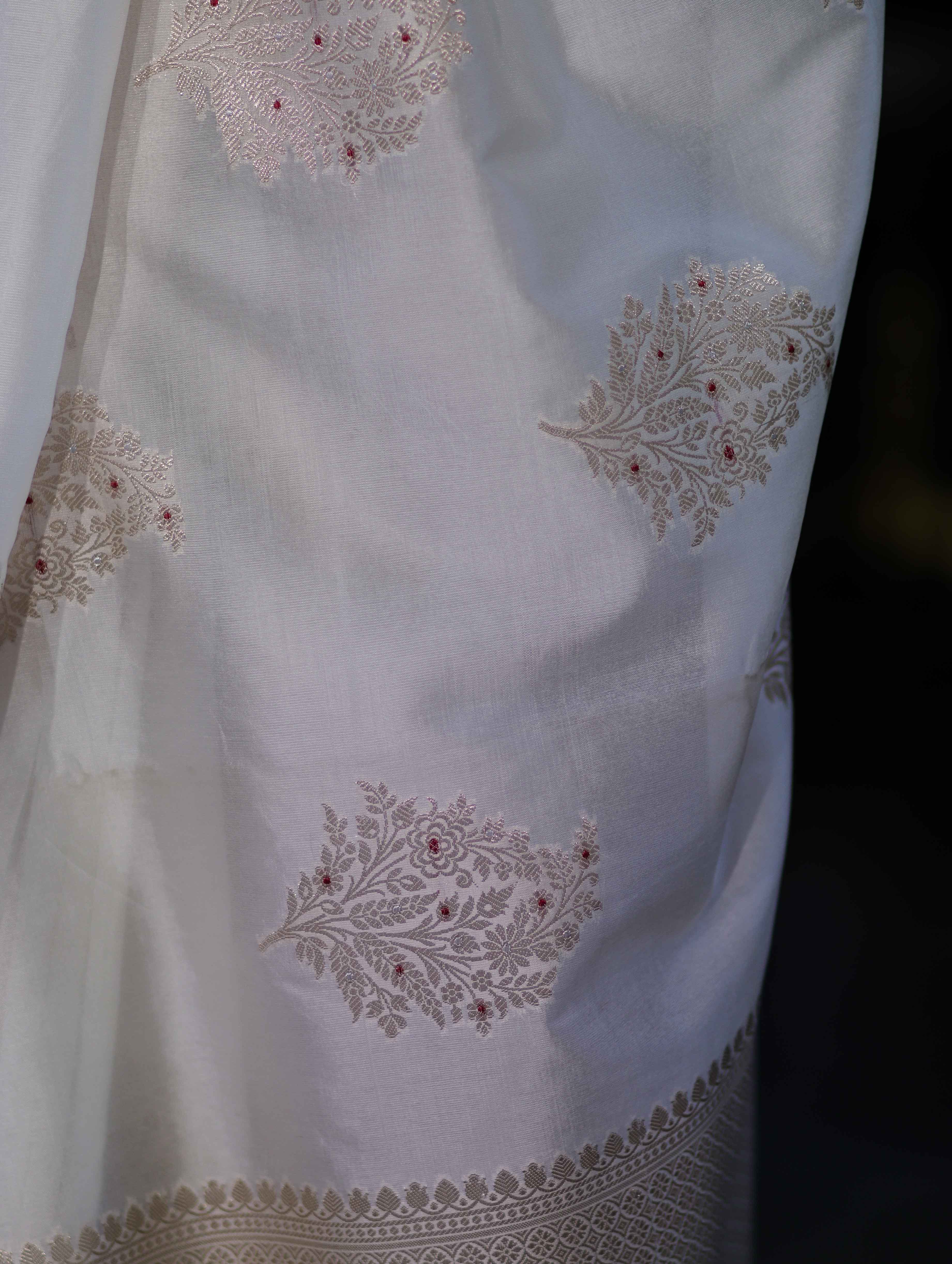 Banarasee Handloom Dupion Silk Saree With Zari Buta Work & Border-White
