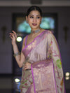 Banarasee Handloom Tissue Saree With Digital Floral Prints & Broad Border-Cream & Lavender