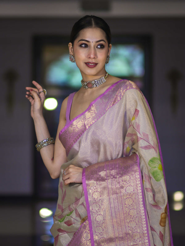 Banarasee Handloom Tissue Saree With Digital Floral Prints & Broad Border-Cream & Lavender