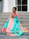 Banarasee Handloom Semi Silk Saree With Buti Design & Contrast Border-Sea Green & Peach