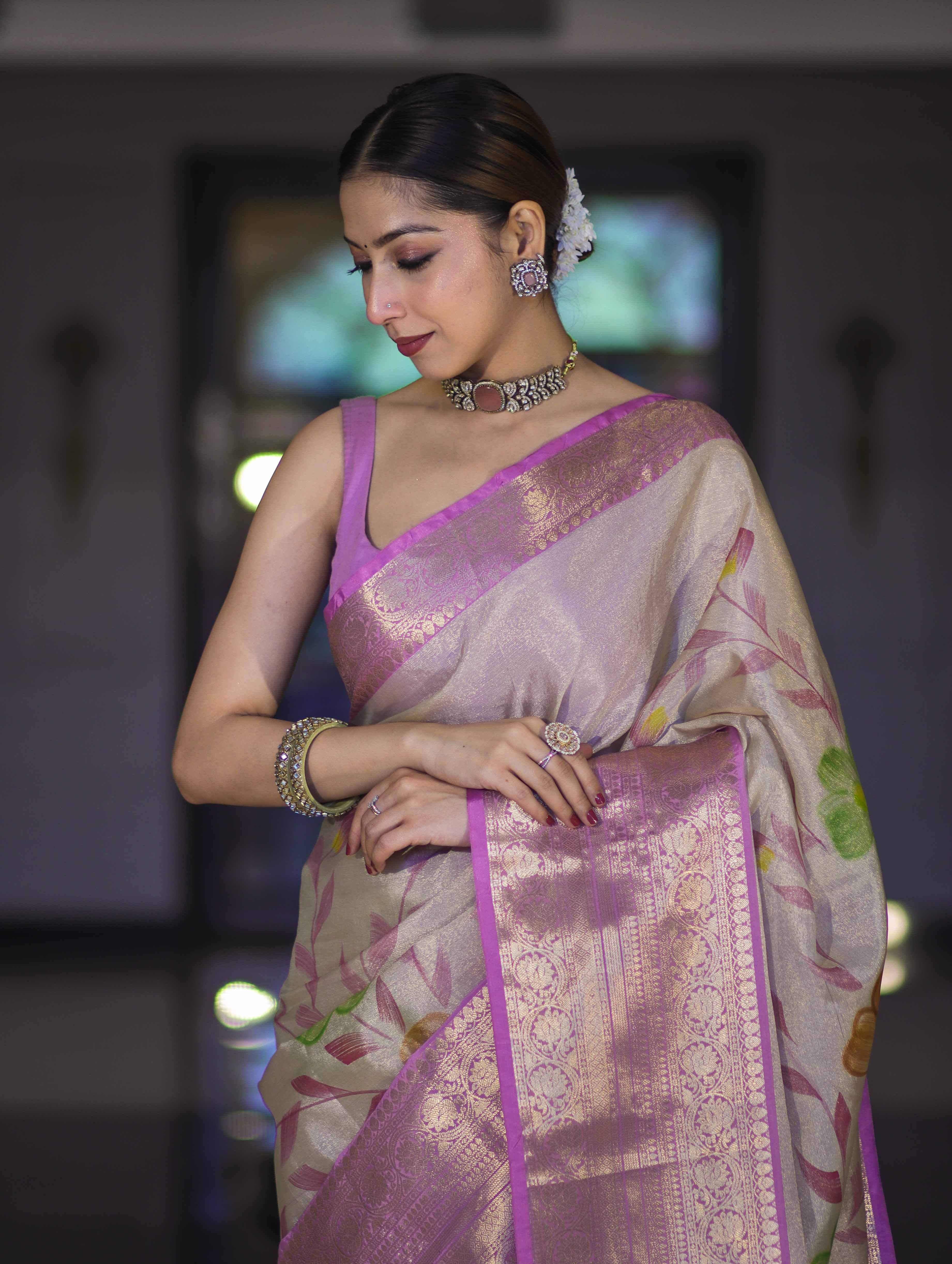 Banarasee Handloom Tissue Saree With Digital Floral Prints & Broad Border-Cream & Lavender