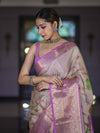 Banarasee Handloom Tissue Saree With Digital Floral Prints & Broad Border-Cream & Lavender