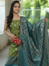 Banarasee Chanderi Cotton Salwar Kameez Fabric With Antique Zari & Contrast Dupatta-Olive Green & Green