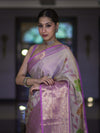 Banarasee Handloom Tissue Saree With Digital Floral Prints & Broad Border-Cream & Lavender