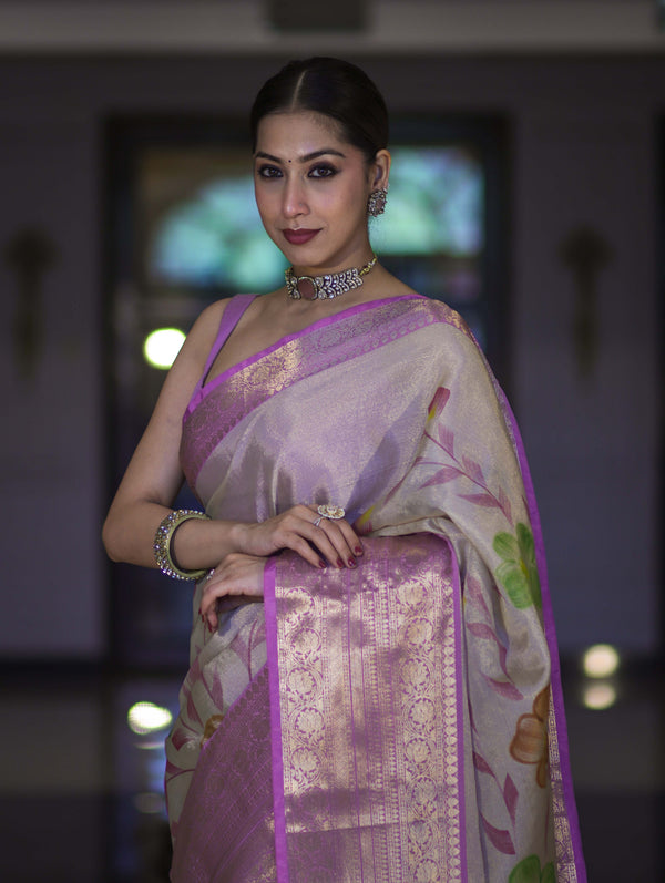 Banarasee Handloom Tissue Saree With Digital Floral Prints & Broad Border-Cream & Lavender