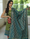 Banarasee Chanderi Cotton Salwar Kameez Fabric With Antique Zari & Contrast Dupatta-Olive Green & Green