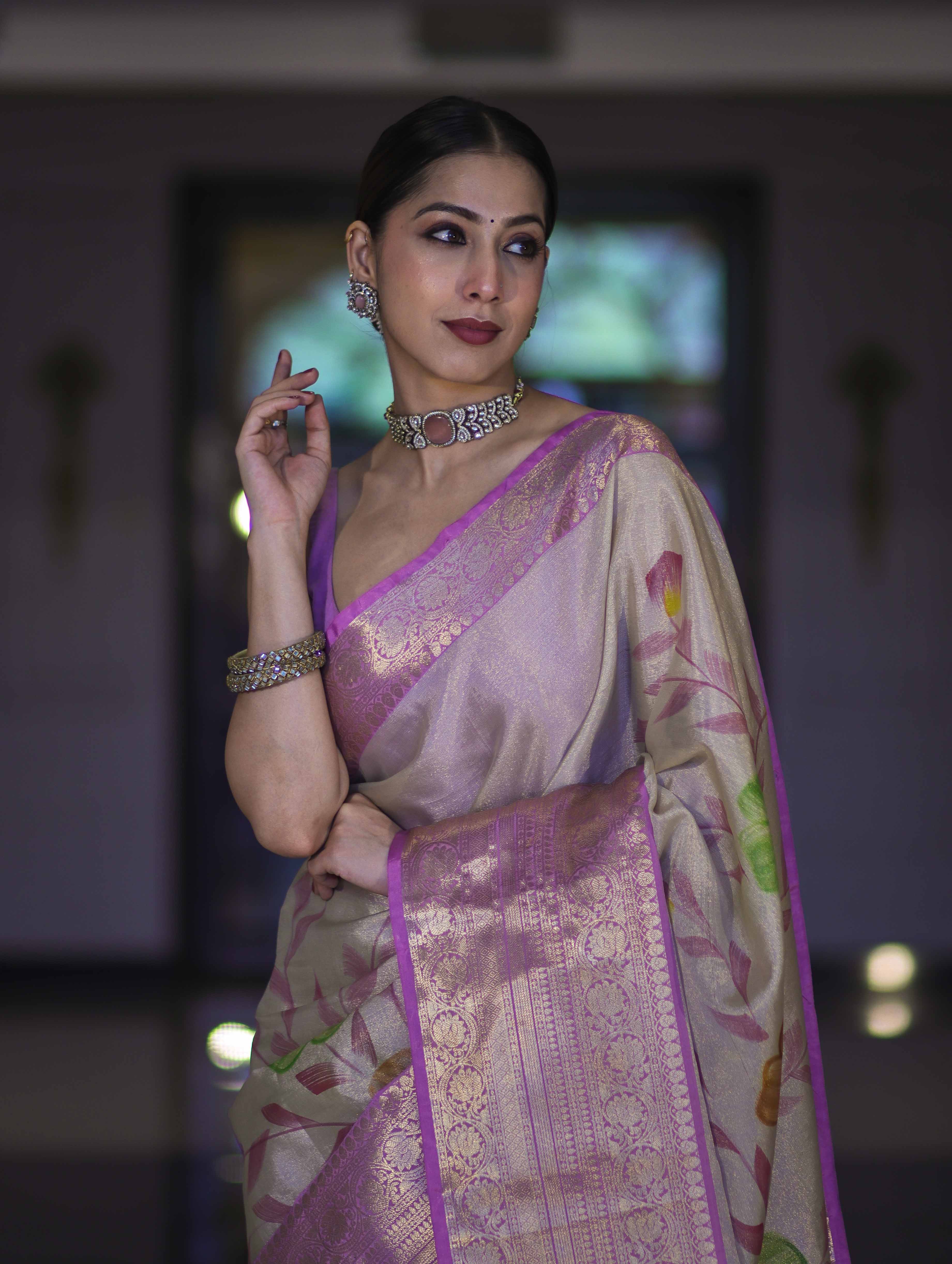 Banarasee Handloom Tissue Saree With Digital Floral Prints & Broad Border-Cream & Lavender