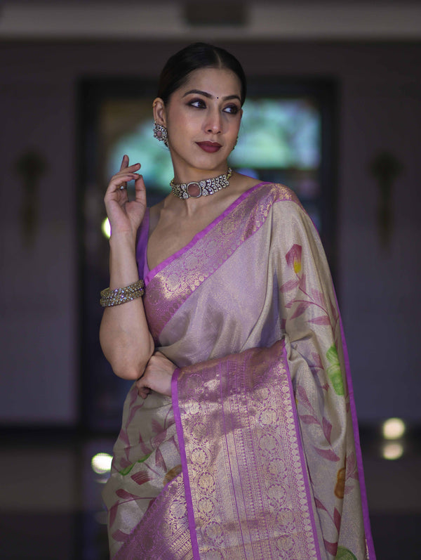 Banarasee Handloom Tissue Saree With Digital Floral Prints & Broad Border-Cream & Lavender