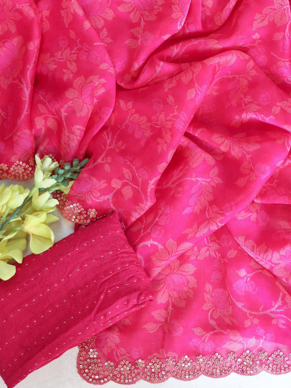 Banarasee Chiffon Floral Print Saree & Hand Work With Scallop Border-Pink