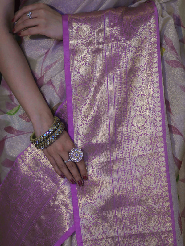 Banarasee Handloom Tissue Saree With Digital Floral Prints & Broad Border-Cream & Lavender