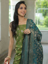 Banarasee Chanderi Cotton Salwar Kameez Fabric With Antique Zari & Contrast Dupatta-Olive Green & Green