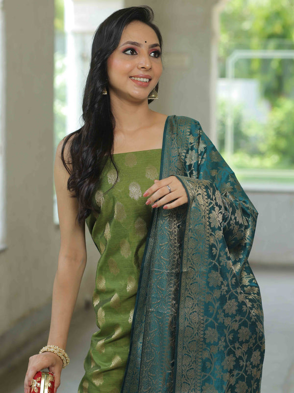 Banarasee Chanderi Cotton Salwar Kameez Fabric With Antique Zari & Contrast Dupatta-Olive Green & Green