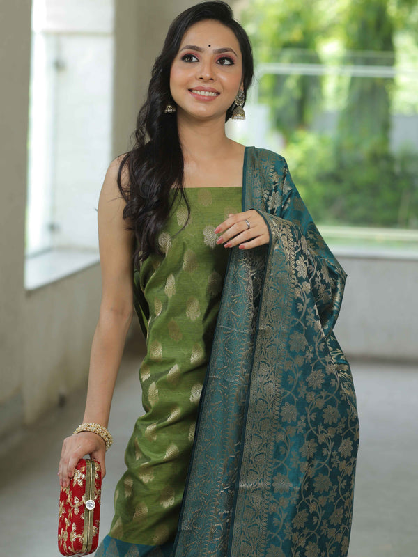 Banarasee Chanderi Cotton Salwar Kameez Fabric With Antique Zari & Contrast Dupatta-Olive Green & Green