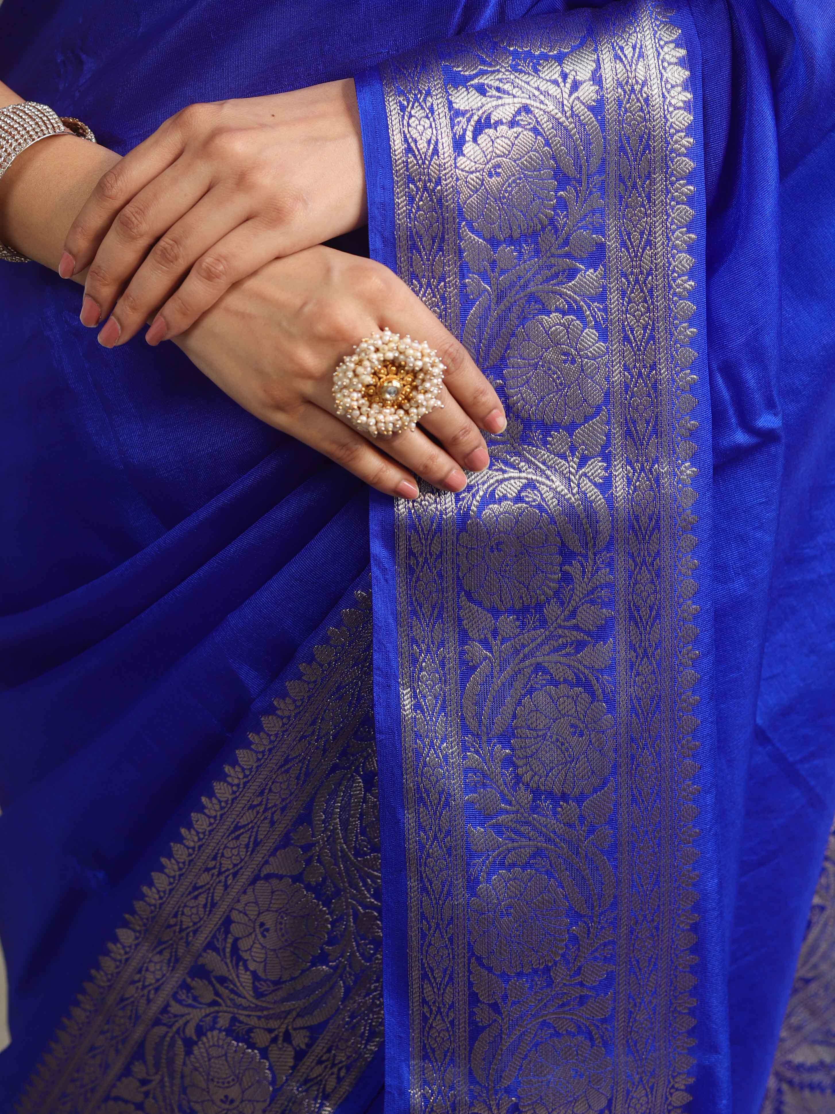 Banarasee Cotton Silk Plain Saree With Silver Zari Floral Border-Royal Blue