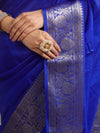 Banarasee Cotton Silk Plain Saree With Silver Zari Floral Border-Royal Blue