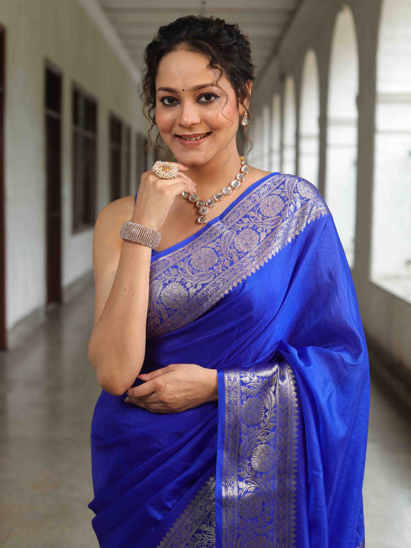 Banarasee Cotton Silk Plain Saree With Silver Zari Floral Border-Royal Blue