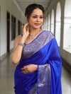 Banarasee Cotton Silk Plain Saree With Silver Zari Floral Border-Royal Blue