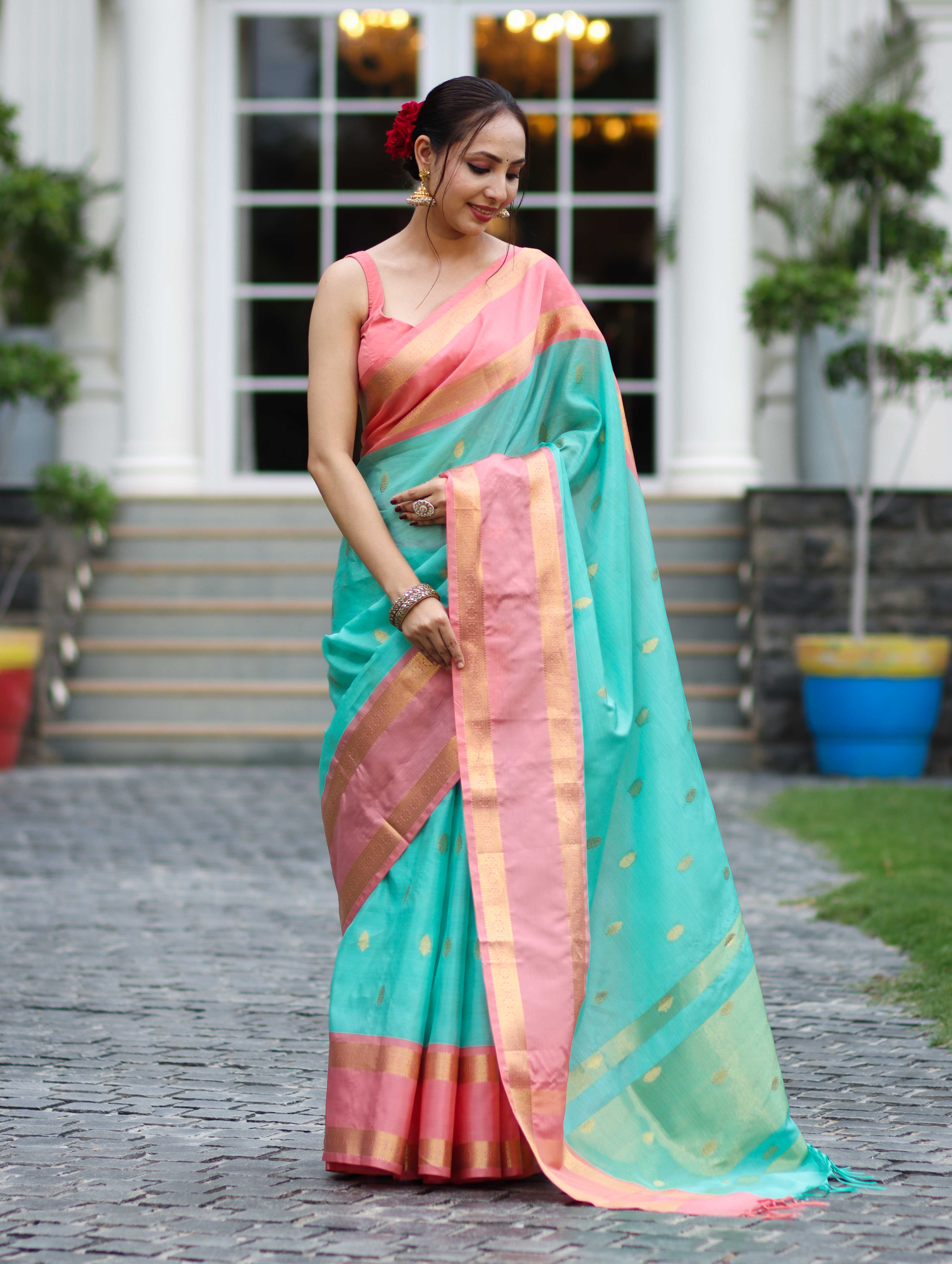 Banarasee Handloom Semi Silk Saree With Buti Design & Contrast Border-Sea Green & Peach