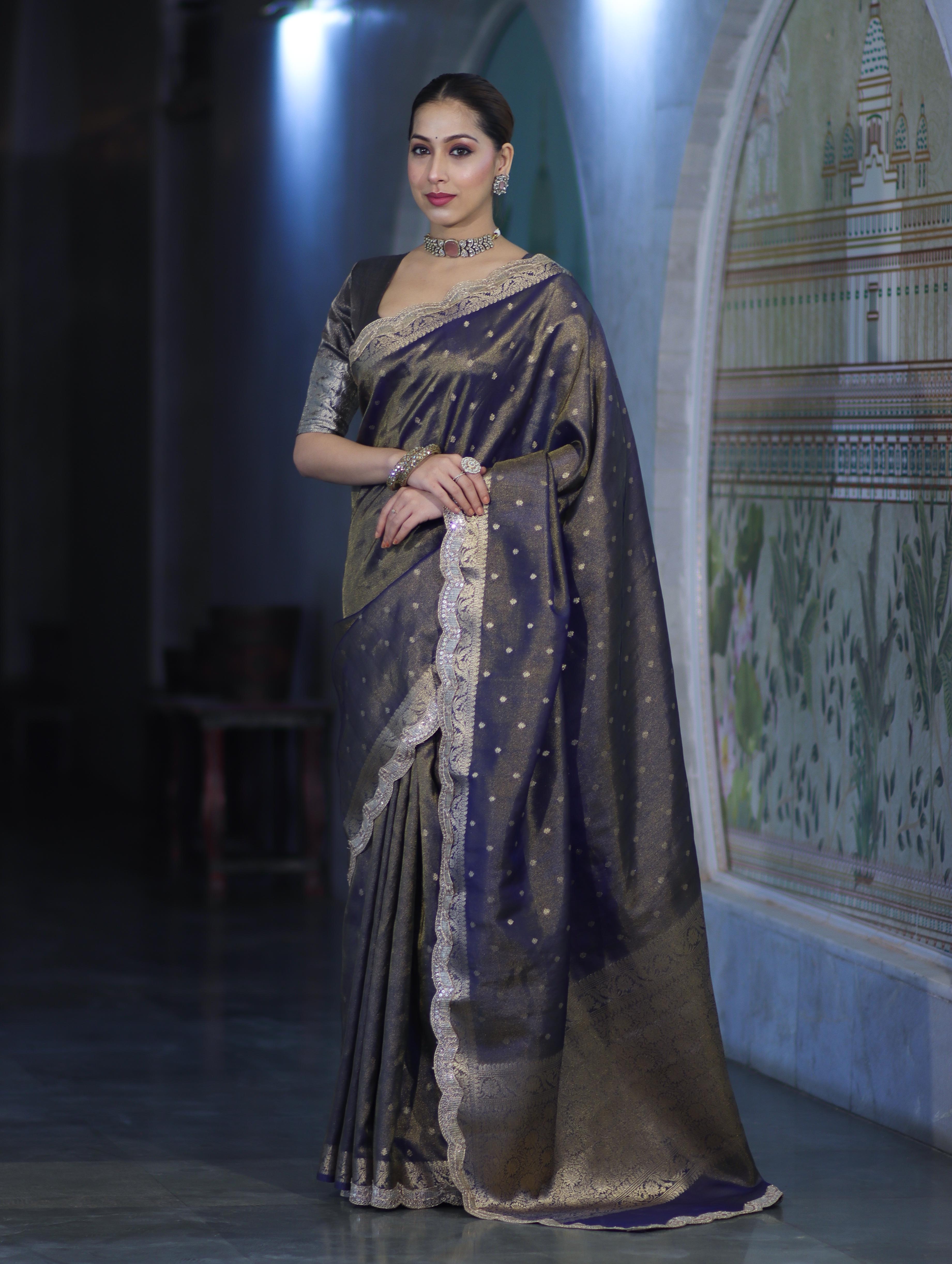 Banarasee Handloom Dual Tone Shimmer Tissue Saree With Buti Design Zari Border & Lace-Blue
