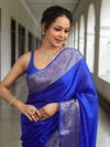 Banarasee Cotton Silk Plain Saree With Silver Zari Floral Border-Royal Blue