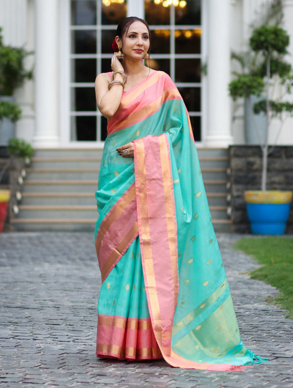 Banarasee Handloom Semi Silk Saree With Buti Design & Contrast Border-Sea Green & Peach