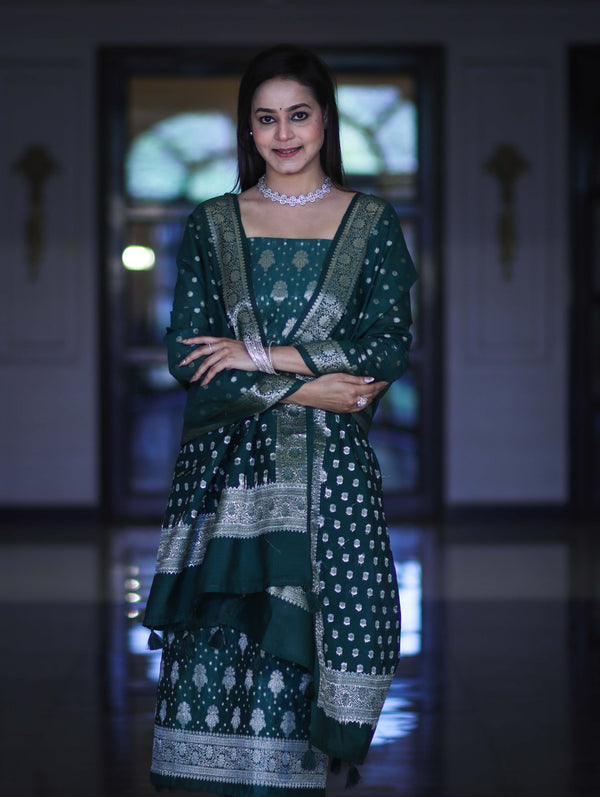 Banarasee Faux Georgette Zari Work Salwar Kameez Fabric With Dupatta Set-Deep Green