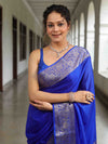 Banarasee Cotton Silk Plain Saree With Silver Zari Floral Border-Royal Blue