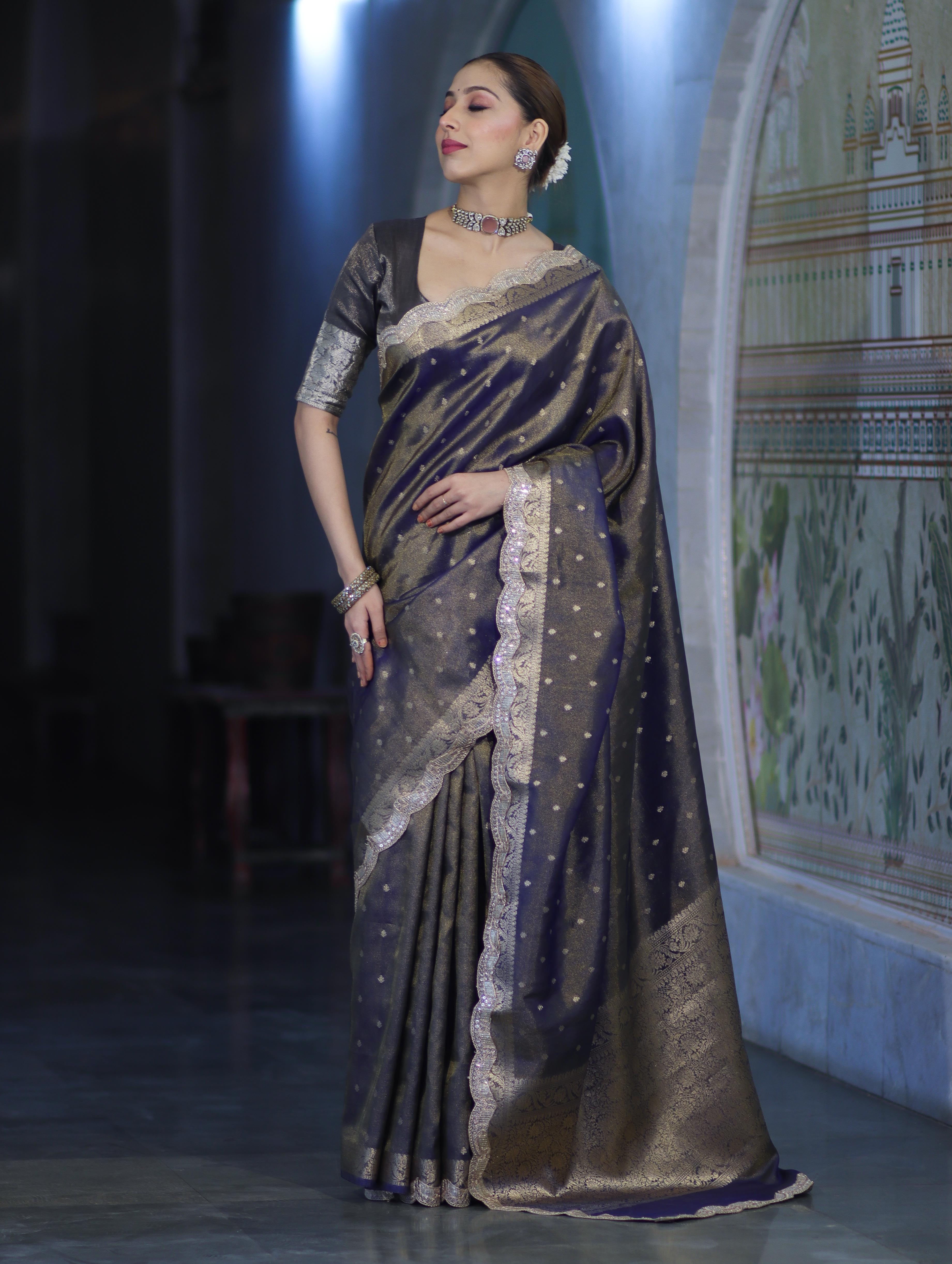 Banarasee Handloom Dual Tone Shimmer Tissue Saree With Buti Design Zari Border & Lace-Blue