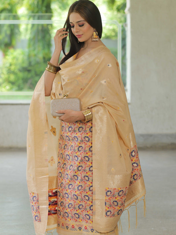 Banarasee Handloom Chanderi Salwar Kameez Fabric With Meena & Zari Design-Beige