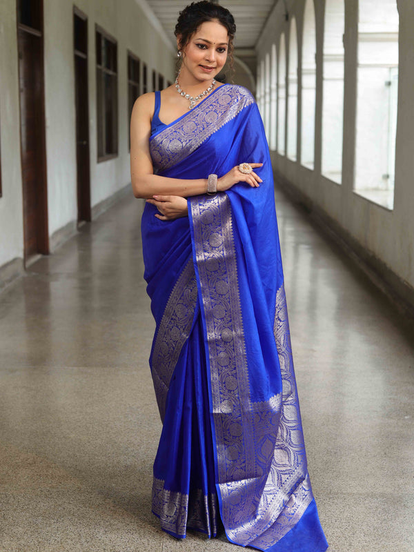 Banarasee Cotton Silk Plain Saree With Silver Zari Floral Border-Royal Blue