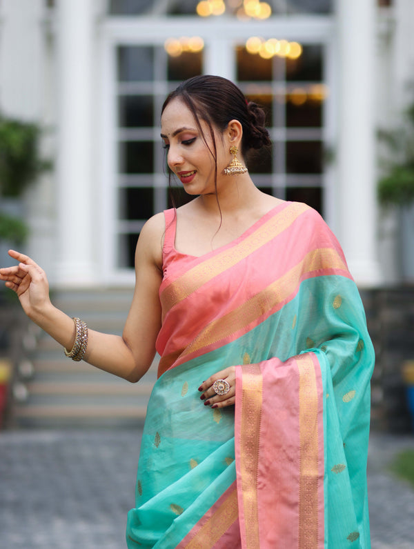 Banarasee Handloom Semi Silk Saree With Buti Design & Contrast Border-Sea Green & Peach
