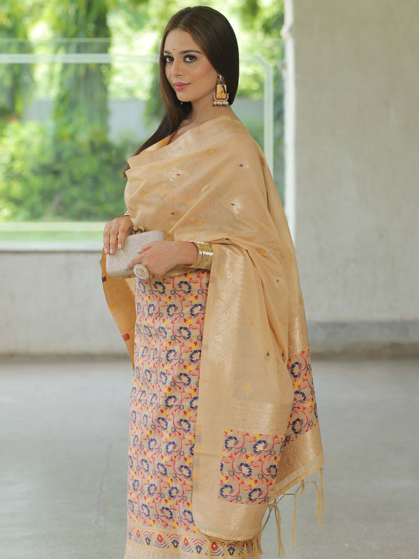 Banarasee Handloom Chanderi Salwar Kameez Fabric With Meena & Zari Design-Beige