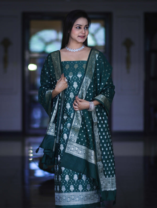 Banarasee Faux Georgette Zari Work Salwar Kameez Fabric With Dupatta Set-Deep Green