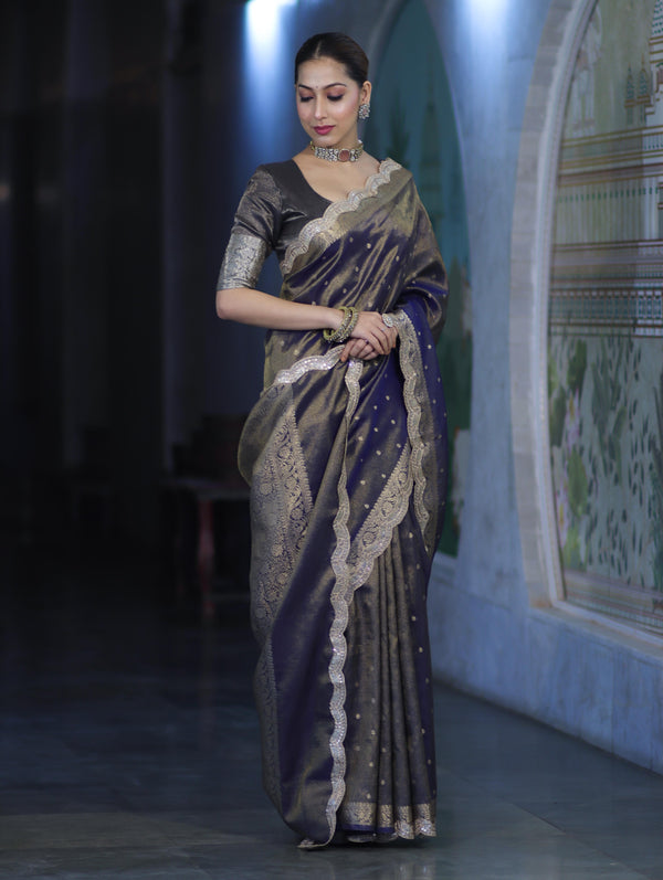 Banarasee Handloom Dual Tone Shimmer Tissue Saree With Buti Design Zari Border & Lace-Blue