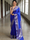 Banarasee Cotton Silk Plain Saree With Silver Zari Floral Border-Royal Blue