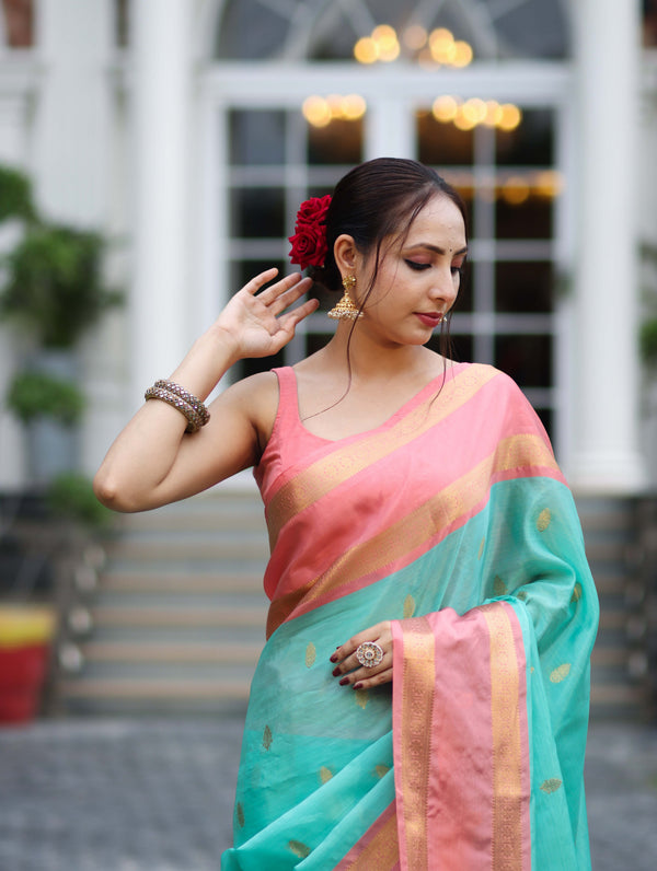 Banarasee Handloom Semi Silk Saree With Buti Design & Contrast Border-Sea Green & Peach