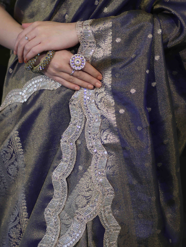 Banarasee Handloom Dual Tone Shimmer Tissue Saree With Buti Design Zari Border & Lace-Blue