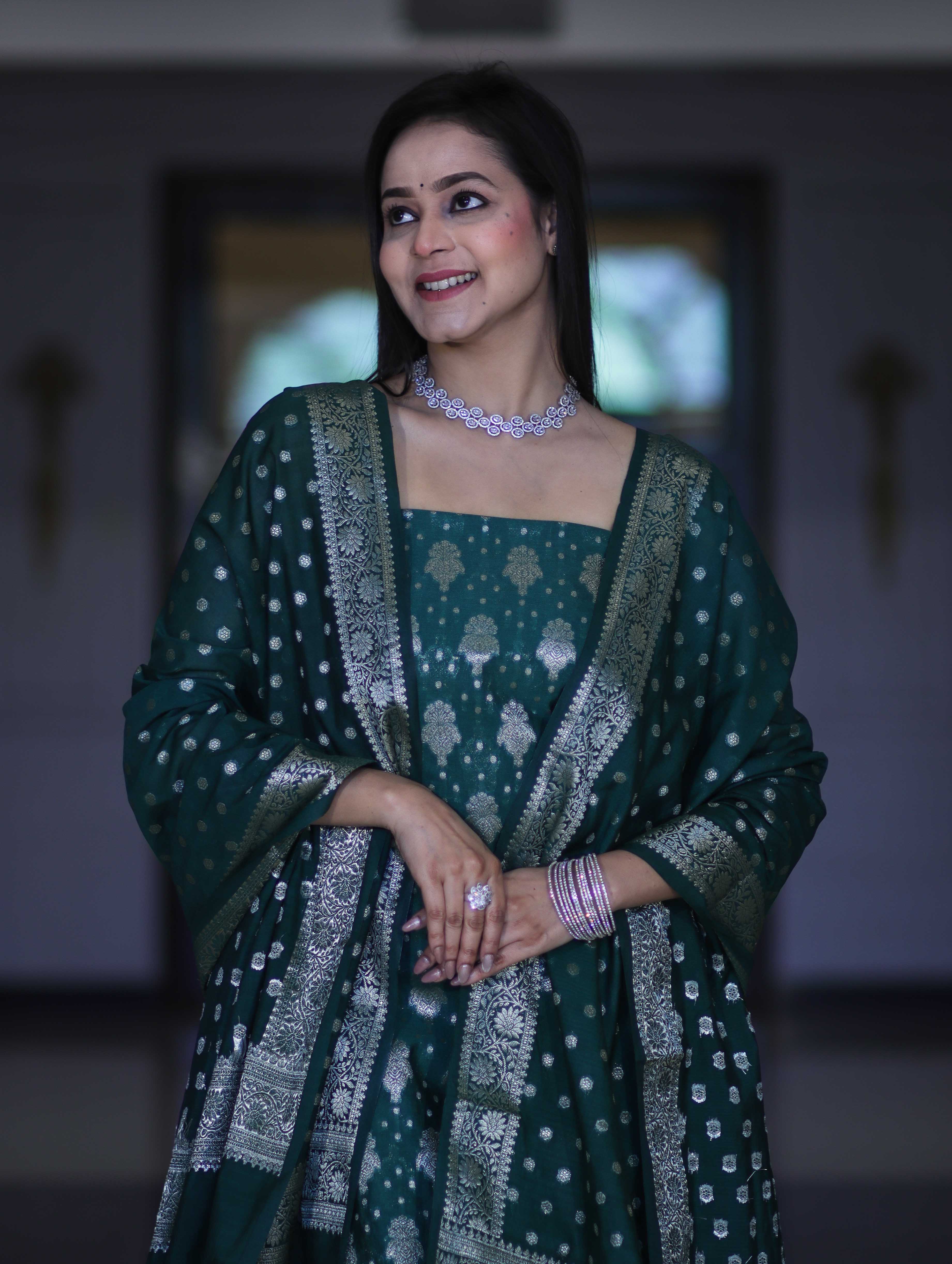 Banarasee Faux Georgette Zari Work Salwar Kameez Fabric With Dupatta Set-Deep Green