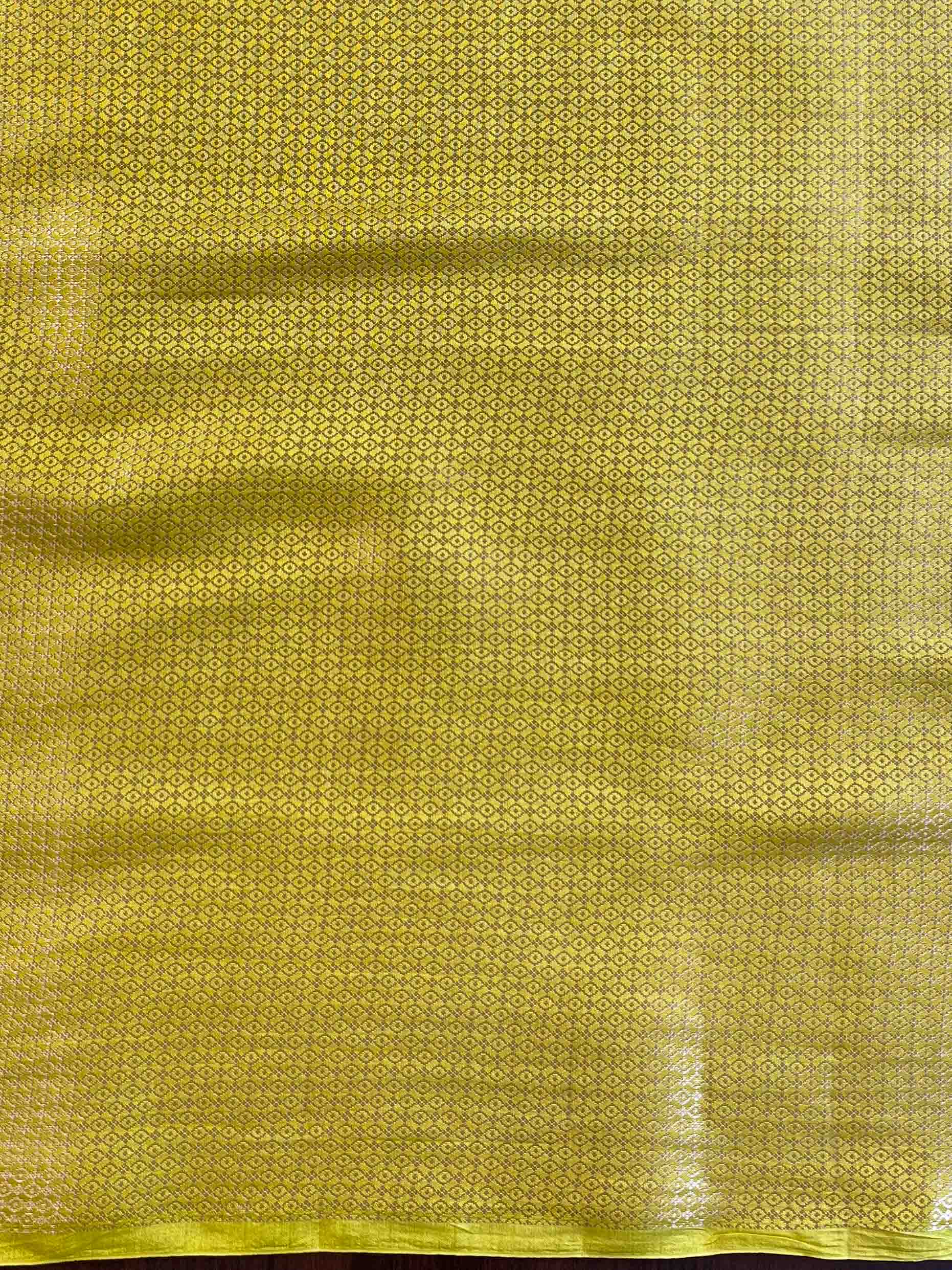 Banarasee Handloom Pure Chiniya Silk Saree With Zari Work & Contrast Border-White & Yellow
