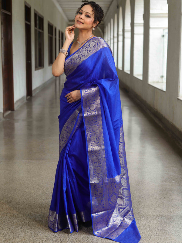 Banarasee Cotton Silk Plain Saree With Silver Zari Floral Border-Royal Blue