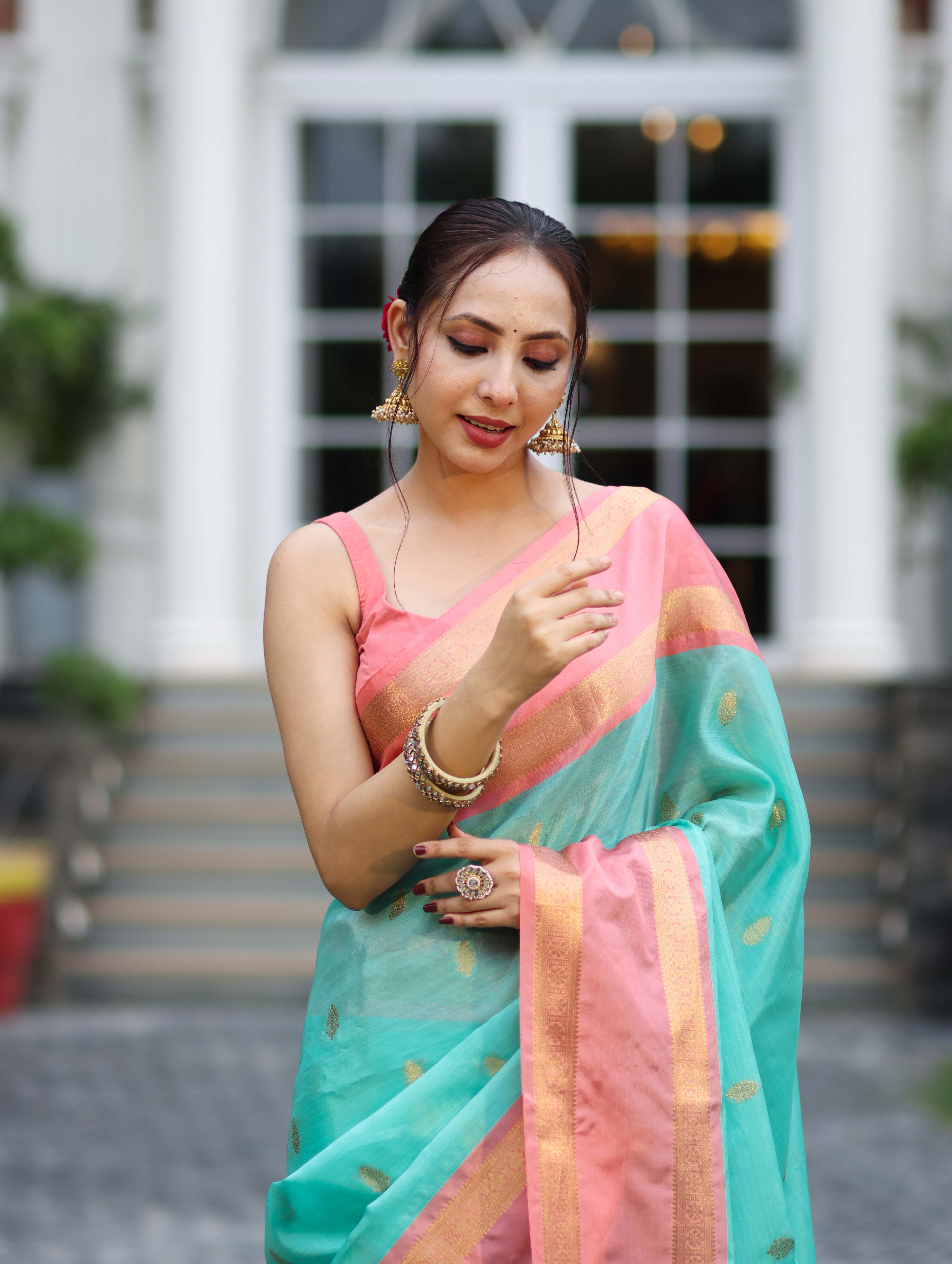 Banarasee Handloom Semi Silk Saree With Buti Design & Contrast Border-Sea Green & Peach