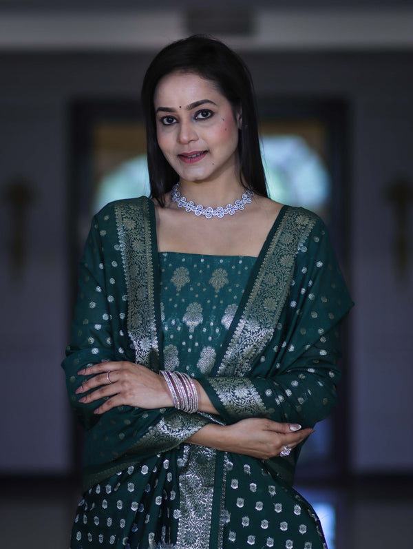 Banarasee Faux Georgette Zari Work Salwar Kameez Fabric With Dupatta Set-Deep Green